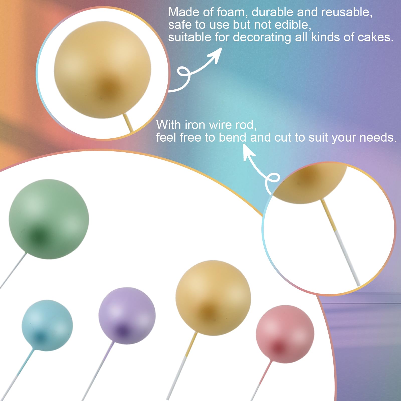 115 Pcs Pastel Foam Ball Cake Toppers - Mini Balloon Cupcake Picks for DIY Cakes, Birthday, Wedding, Baby Shower - 5 Sizes, Non-Edible