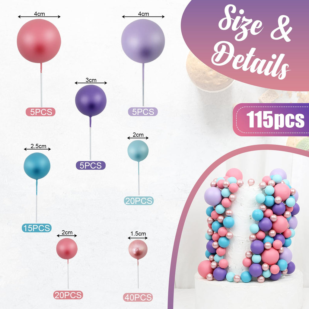 115-Piece Acmee Ball Cake Toppers Set - Mini Foam Balloon Cupcake Picks for DIY Cakes in Pink, Purple, Rose Gold, Blue