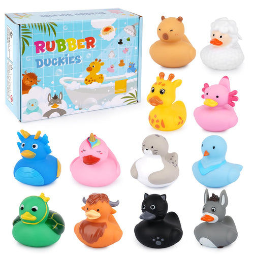 12 Assorted Mini Rubber Ducks – No-Hole Bath Toys with Animal Designs (Highland Cow, Black Cat, Sheep) by Prewplam