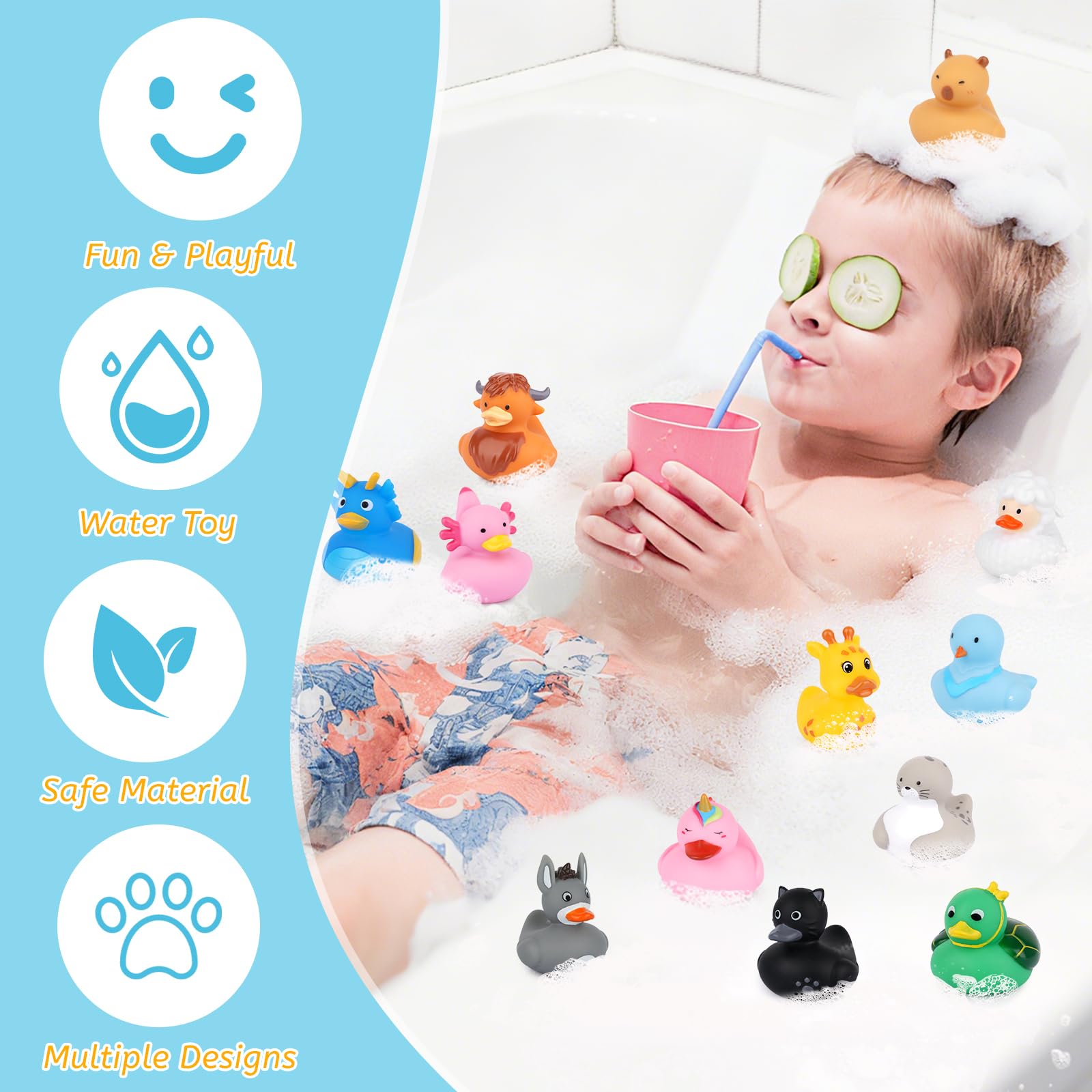 12 Assorted Mini Rubber Ducks – No-Hole Bath Toys with Animal Designs (Highland Cow, Black Cat, Sheep) by Prewplam