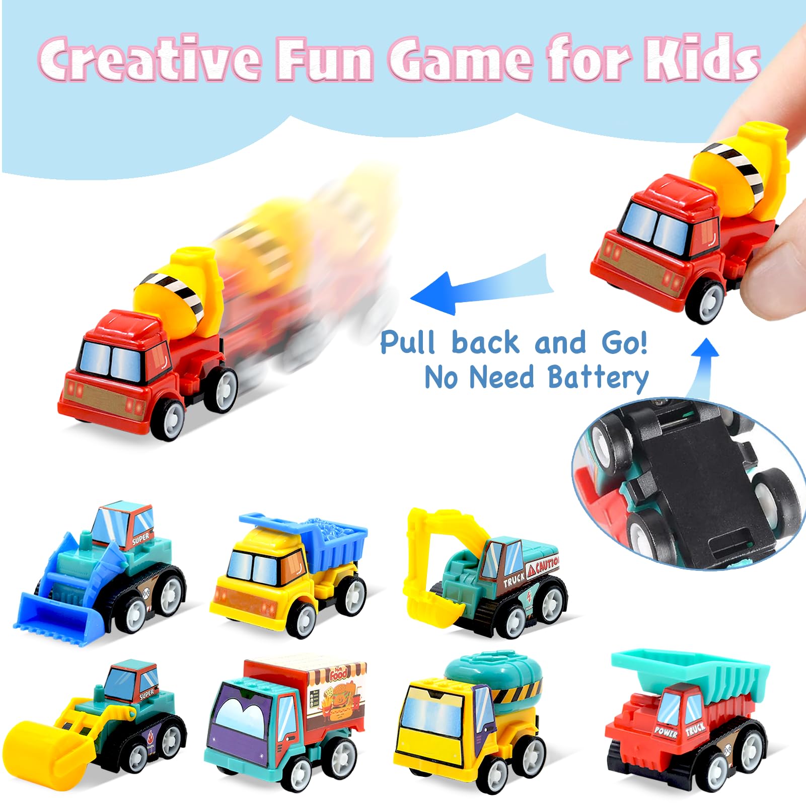 12 Easter Egg Fillers with Pull-Back Cars – Prefilled Construction Vehicle Toys for Kids Ages 3-8