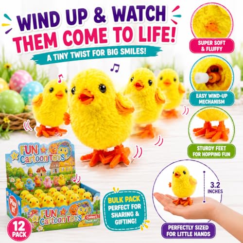 12 Fluffy Wind-Up Chick Toys Bulk Pack – Hopping Jumping Easter Basket Stuffers by Liberty Imports