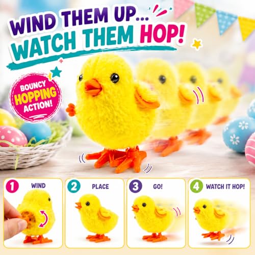 12 Fluffy Wind-Up Chick Toys Bulk Pack – Hopping Jumping Easter Basket Stuffers by Liberty Imports