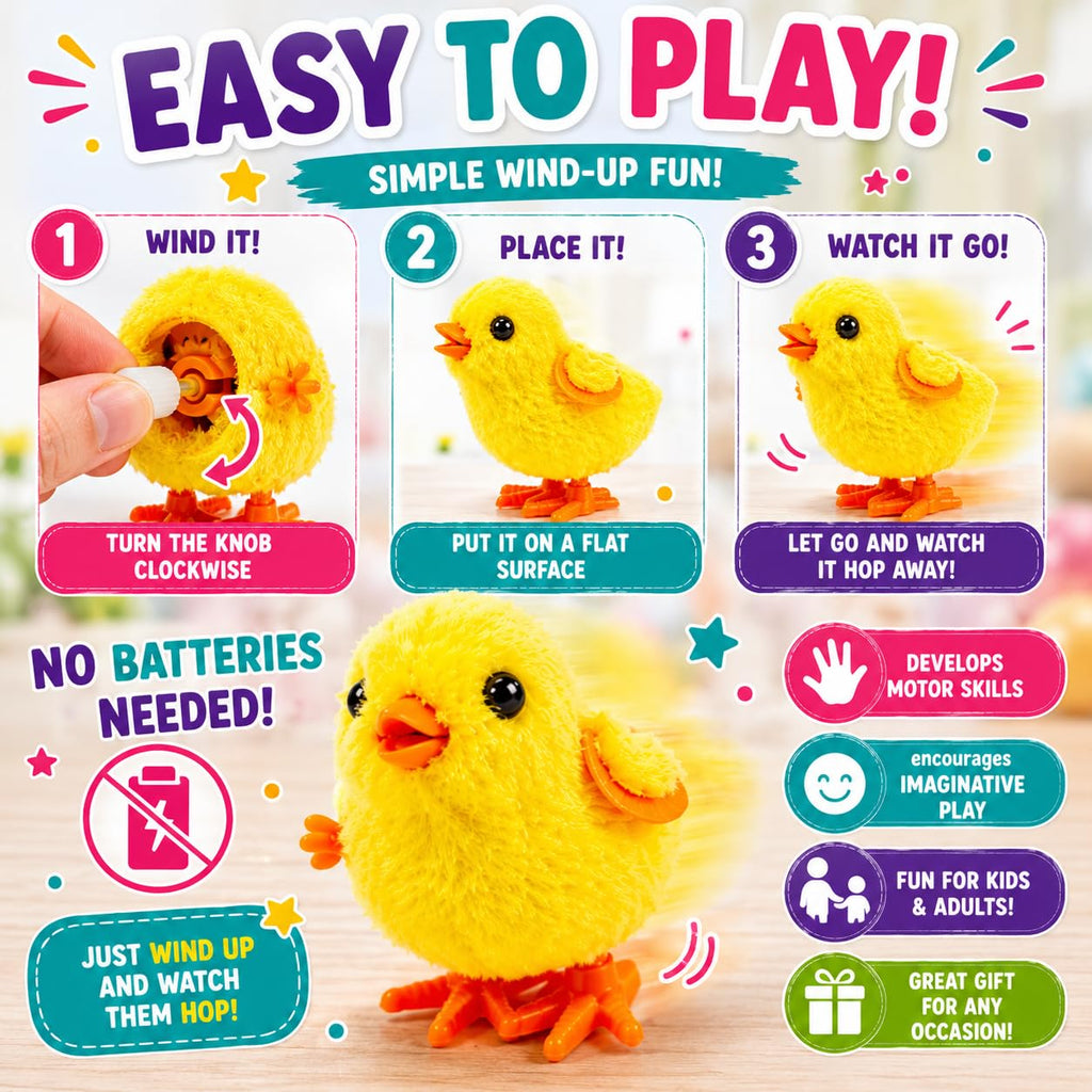 12 Fluffy Wind-Up Chick Toys Bulk Pack – Hopping Jumping Easter Basket Stuffers by Liberty Imports