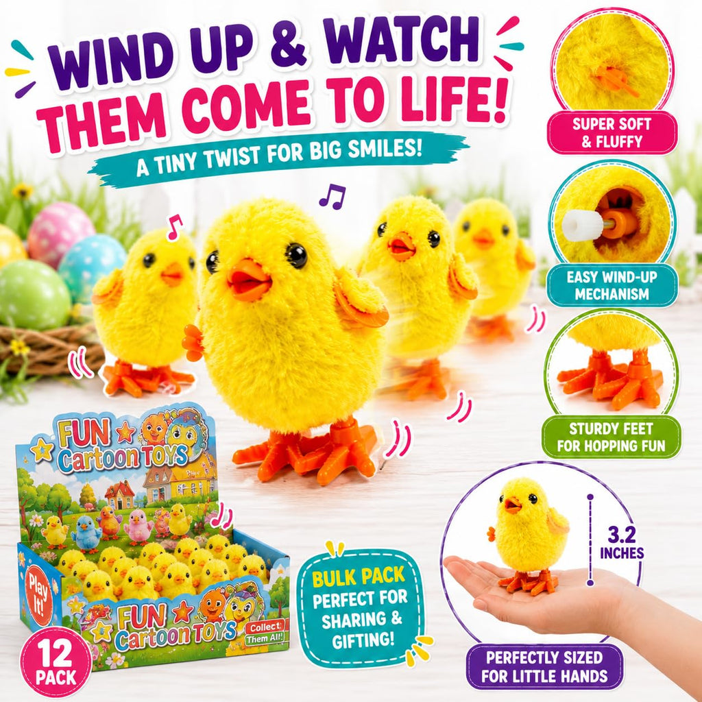 12 Fluffy Wind-Up Chick Toys Bulk Pack – Hopping Jumping Easter Basket Stuffers by Liberty Imports