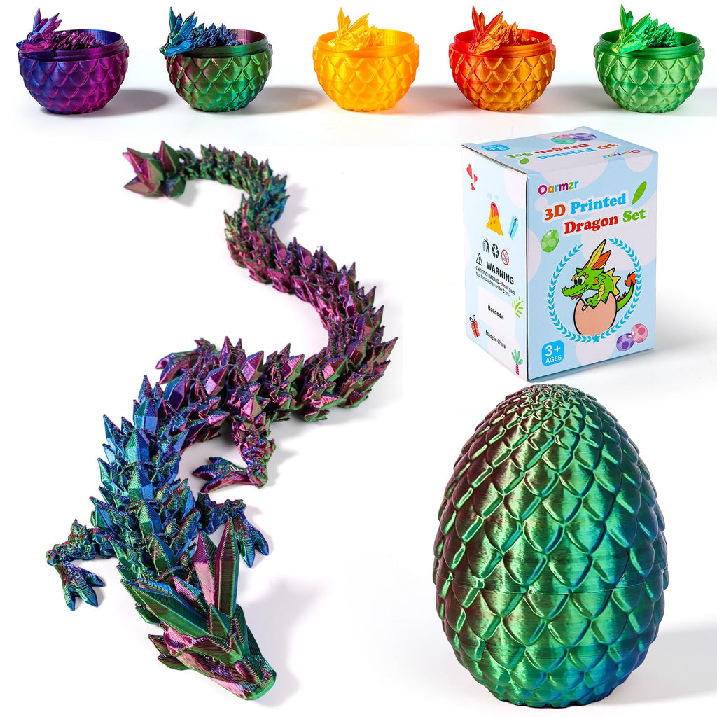 12-Inch 3D Printed Articulated Crystal Dragon with Egg - Oarmzr Collectible Figure (Blue Green Purple)