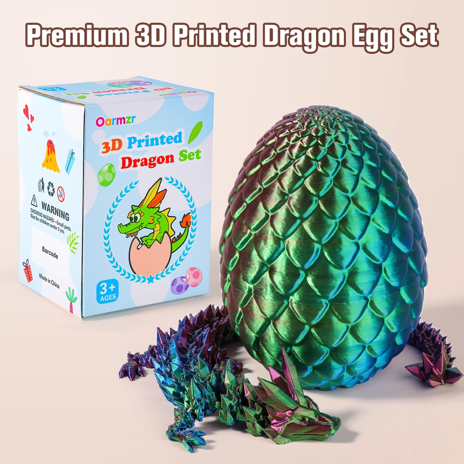 12-Inch 3D Printed Articulated Crystal Dragon with Egg - Oarmzr Collectible Figure (Blue Green Purple)