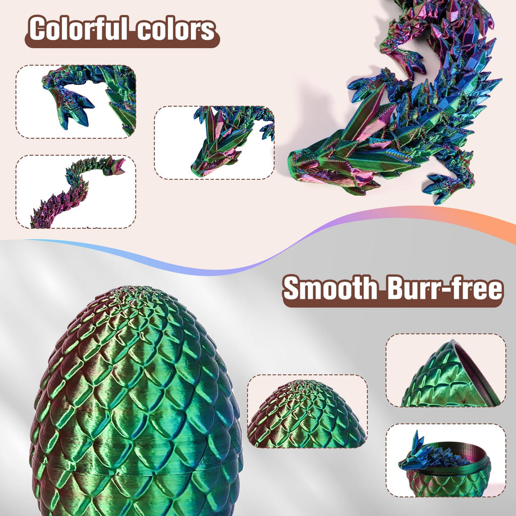 12-Inch 3D Printed Articulated Crystal Dragon with Egg - Oarmzr Collectible Figure (Blue Green Purple)
