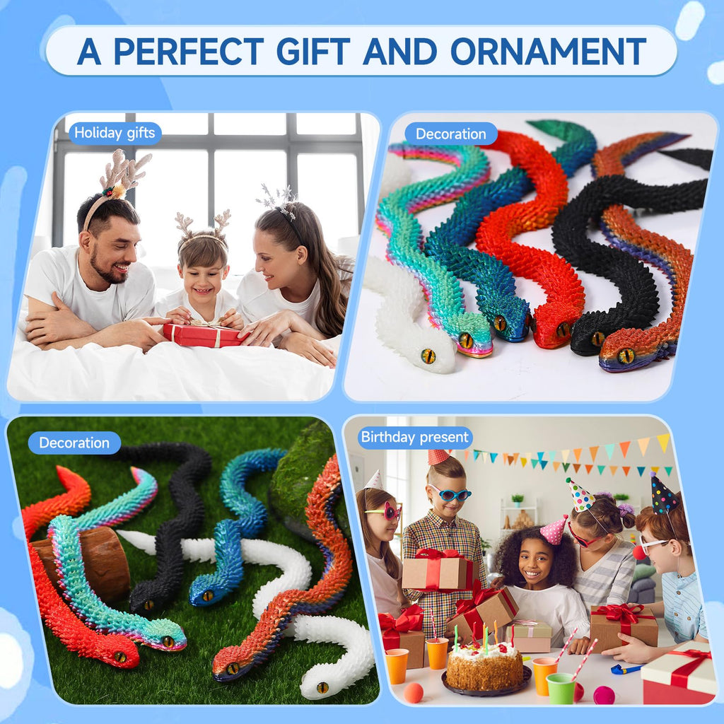 12-Inch 3D Printed Snake Toys – 6 Pack Flexible PLA Figures for Desk Decor and Stress Relief