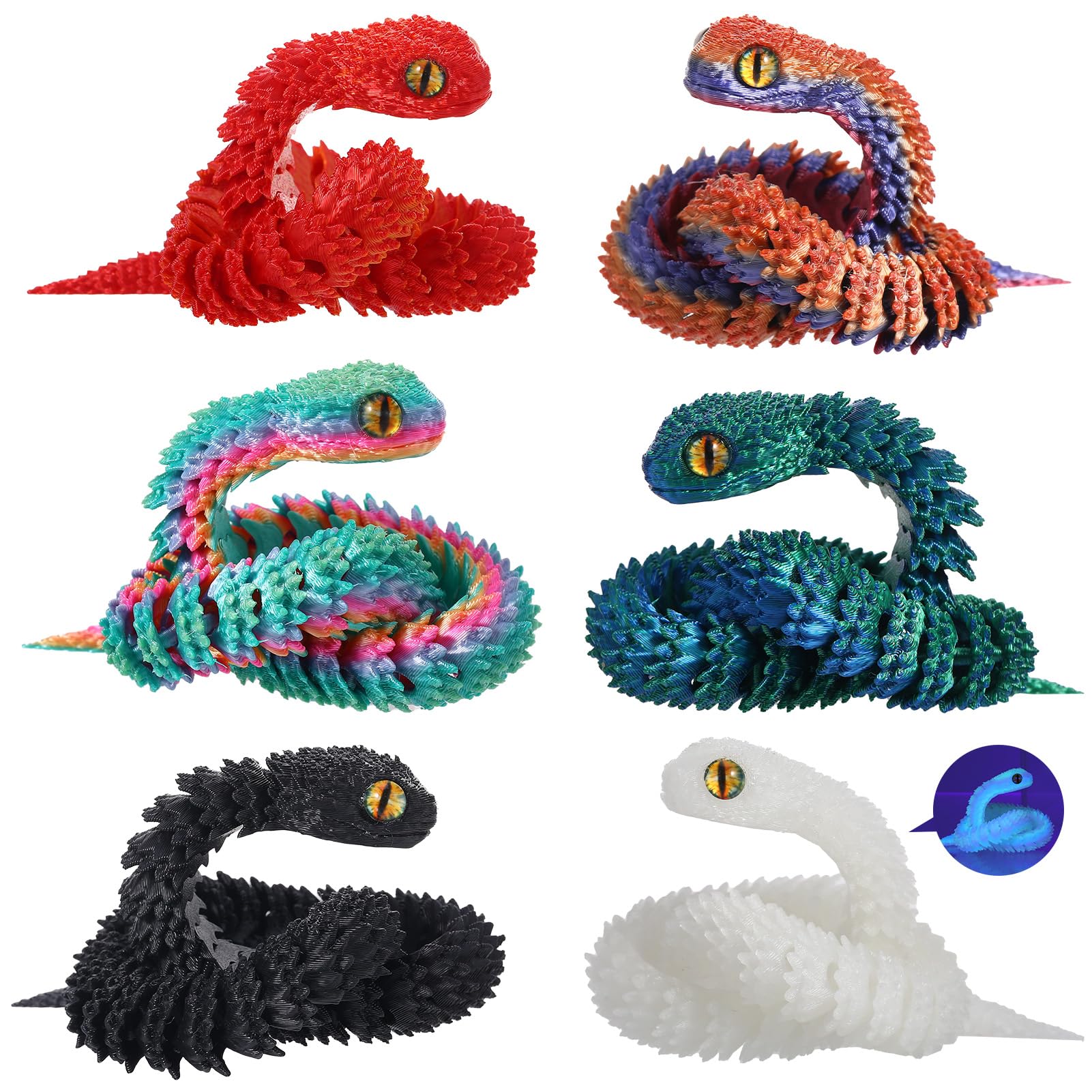 12-Inch 3D Printed Snake Toys – 6 Pack Flexible PLA Figures for Desk Decor and Stress Relief