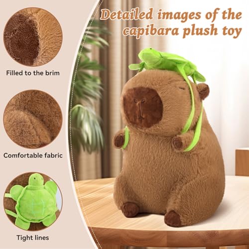 12-Inch Capibara Plush with Removable Turtle Backpack - Kawaii Soft Stuffed Animal for Kids & Teens