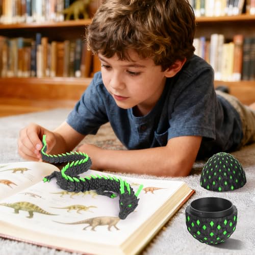 12-Inch Dark Green Glow-in-the-Dark Dragon Egg Fidget Toy by OKYUK – Articulated Dragon with Hidden Compartment, PLA 3D Print