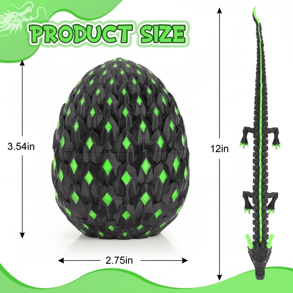 12-Inch Dark Green Glow-in-the-Dark Dragon Egg Fidget Toy by OKYUK – Articulated Dragon with Hidden Compartment, PLA 3D Print