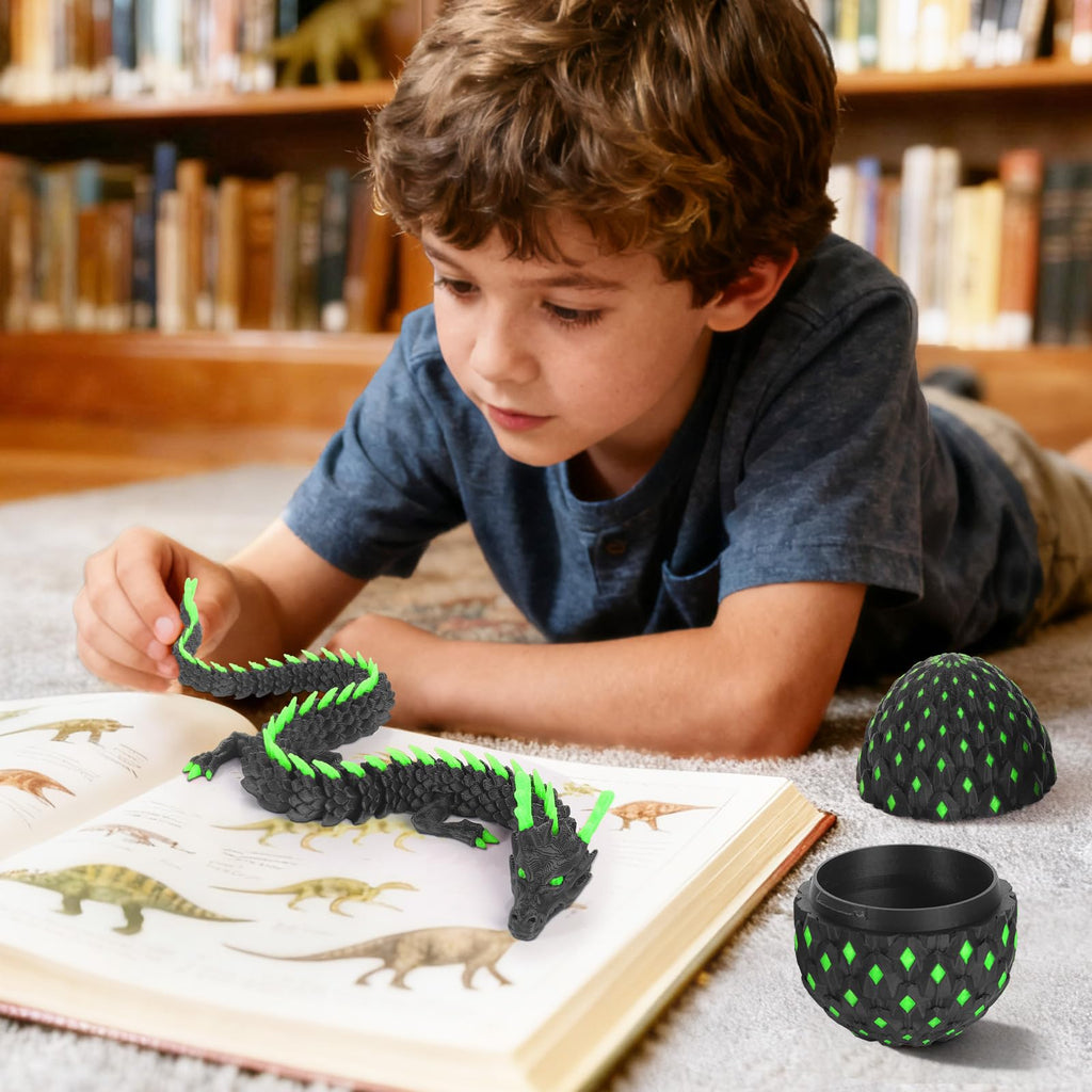 12-Inch Dark Green Glow-in-the-Dark Dragon Egg Fidget Toy by OKYUK – Articulated Dragon with Hidden Compartment, PLA 3D Print
