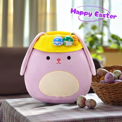 12 Inch Purple Easter Bunny Plush Pillow with Floppy Ears and Egg Hat – Soft Hugging Stuffed Animal for Kids and Home Decor