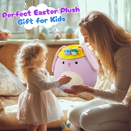 12 Inch Purple Easter Bunny Plush Pillow with Floppy Ears and Egg Hat – Soft Hugging Stuffed Animal for Kids and Home Decor