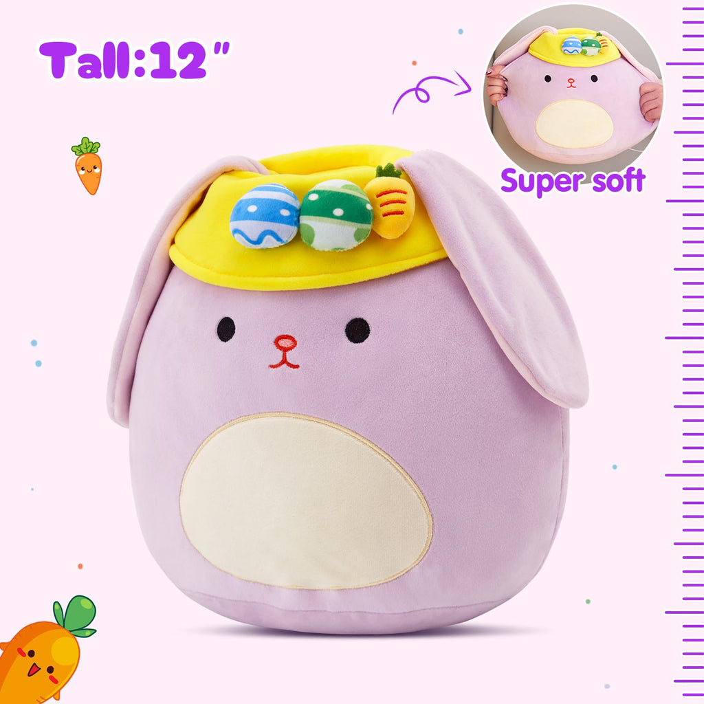 12 Inch Purple Easter Bunny Plush Pillow with Floppy Ears and Egg Hat – Soft Hugging Stuffed Animal for Kids and Home Decor