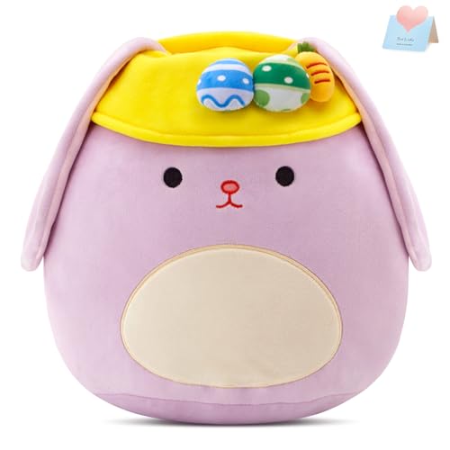 12 Inch Purple Easter Bunny Plush Pillow with Floppy Ears and Egg Hat – Soft Hugging Stuffed Animal for Kids and Home Decor
