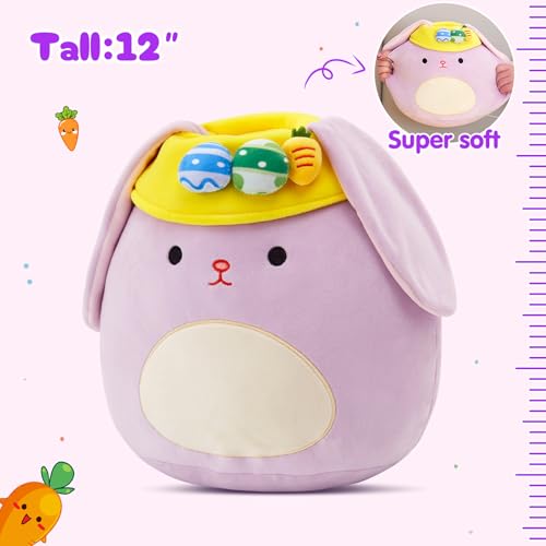 12 Inch Purple Easter Bunny Plush Pillow with Floppy Ears and Egg Hat – Soft Hugging Stuffed Animal for Kids and Home Decor