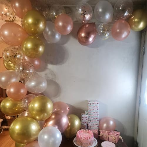 12-Inch Rose Gold Confetti Balloons (60-Pack) – Metallic & Chrome Gold Latex Balloons with Ribbons for Weddings, Birthdays, Baby Showers