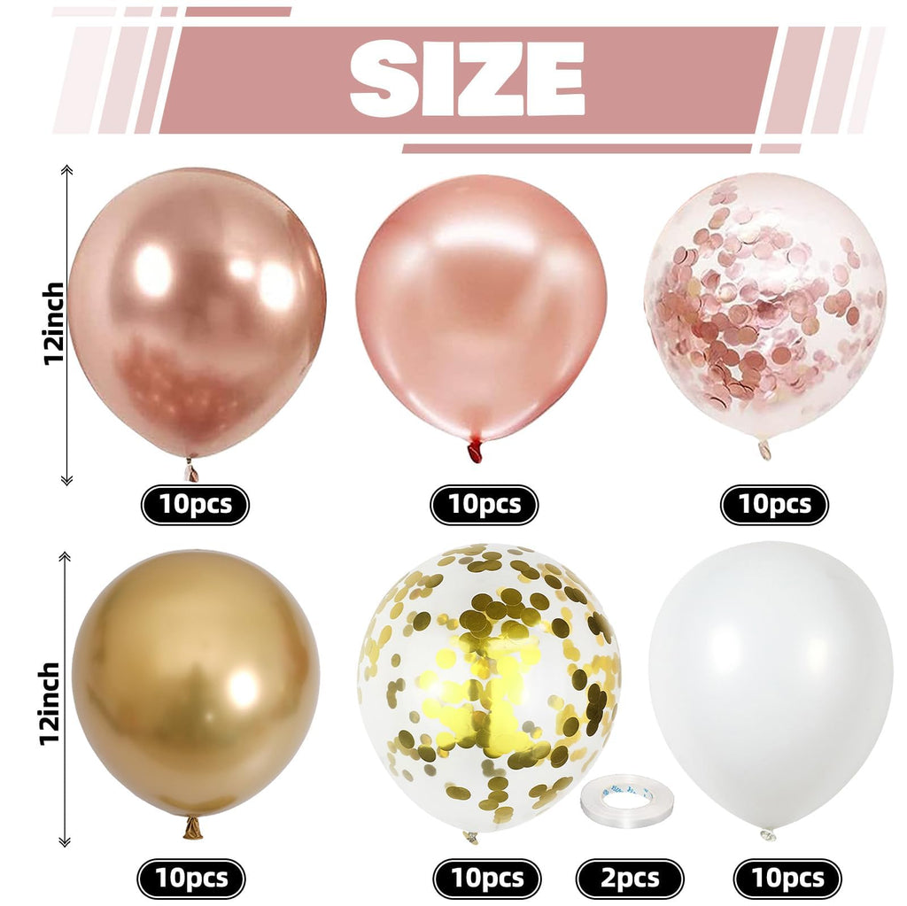 12-Inch Rose Gold Confetti Balloons (60-Pack) – Metallic & Chrome Gold Latex Balloons with Ribbons for Weddings, Birthdays, Baby Showers