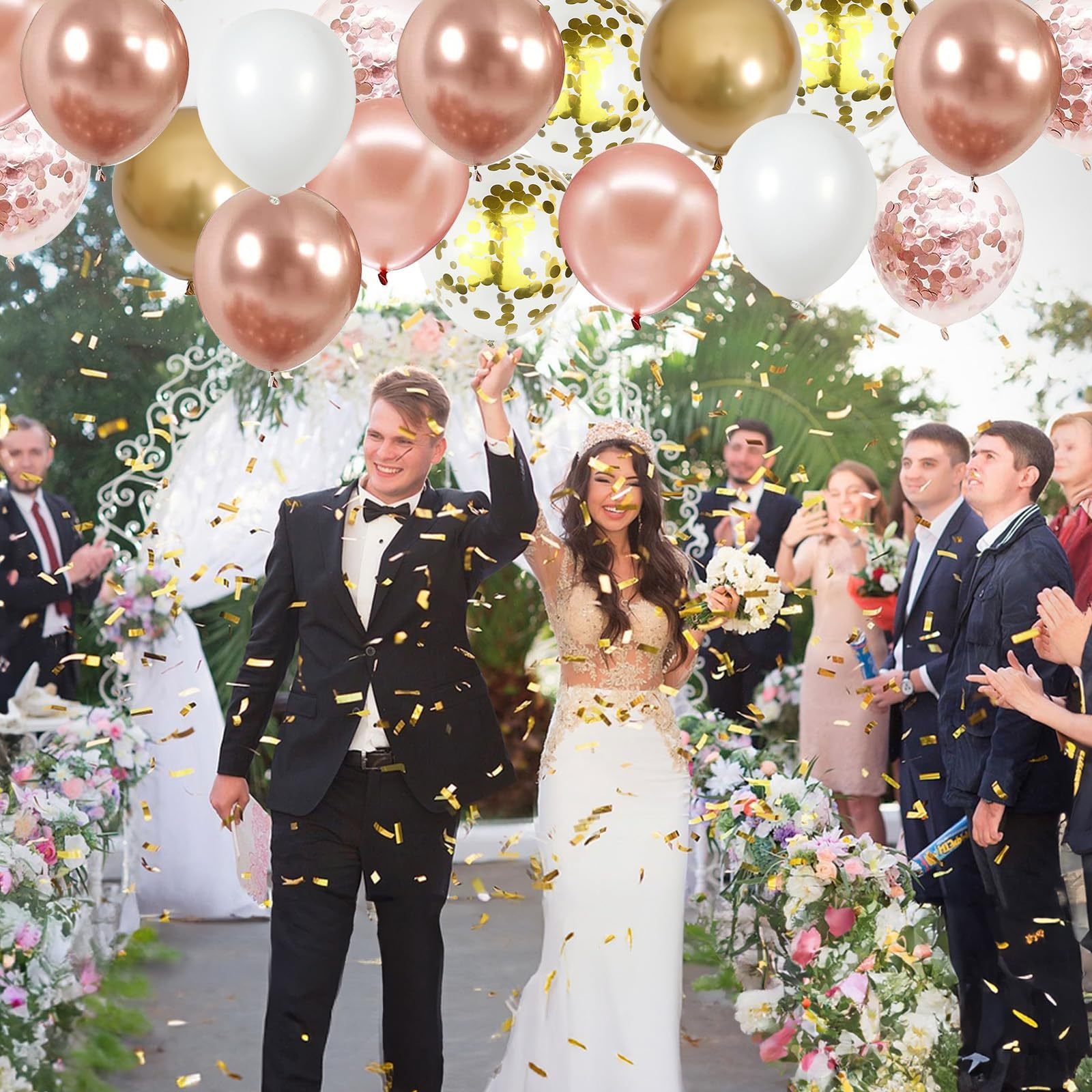 12-Inch Rose Gold Confetti Balloons (60-Pack) – Metallic & Chrome Gold Latex Balloons with Ribbons for Weddings, Birthdays, Baby Showers