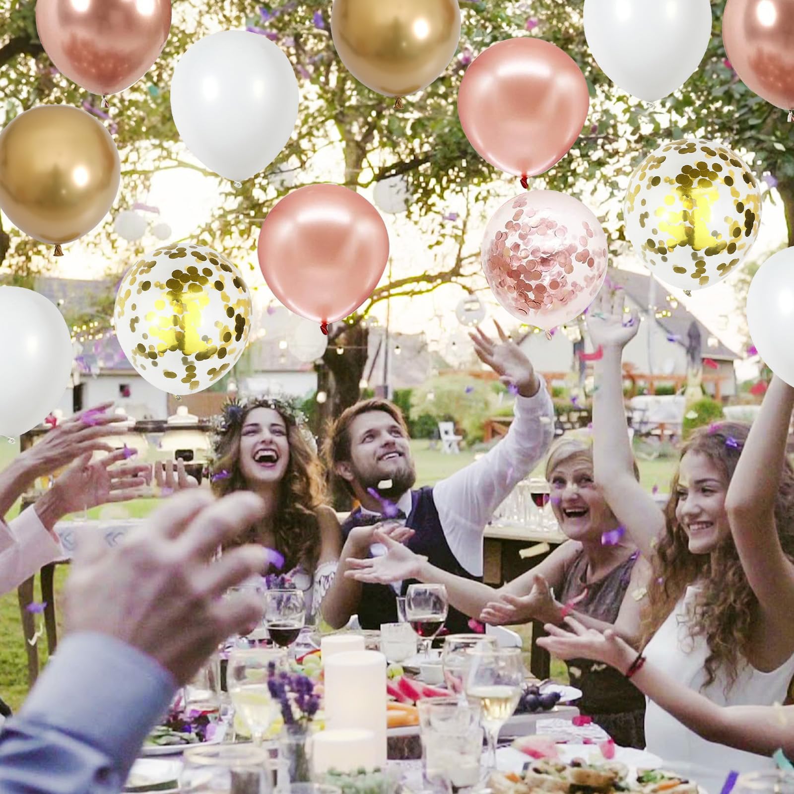 12-Inch Rose Gold Confetti Balloons (60-Pack) – Metallic & Chrome Gold Latex Balloons with Ribbons for Weddings, Birthdays, Baby Showers