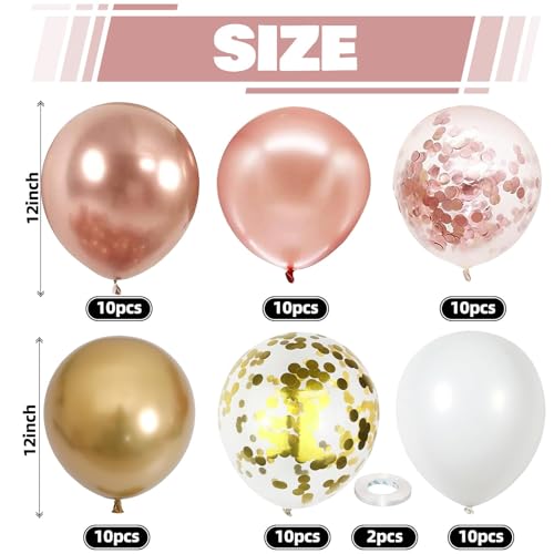 12-Inch Rose Gold Confetti Balloons (60-Pack) – Metallic & Chrome Gold Latex Balloons with Ribbons for Weddings, Birthdays, Baby Showers