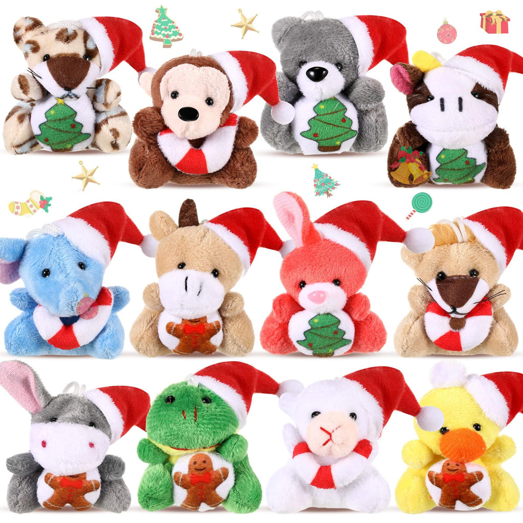 12 Mini Christmas Plush Keychains Set - Santa Hat Animals & Holiday Ornaments for Tree Decor, Party Favors, Stocking Stuffers