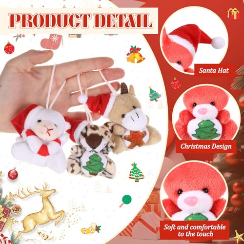 12 Mini Christmas Plush Keychains Set - Santa Hat Animals & Holiday Ornaments for Tree Decor, Party Favors, Stocking Stuffers