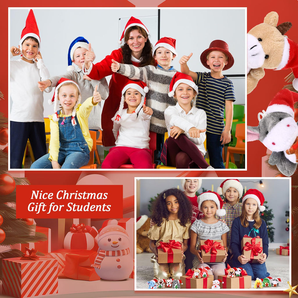 12 Mini Christmas Plush Keychains Set - Santa Hat Animals & Holiday Ornaments for Tree Decor, Party Favors, Stocking Stuffers