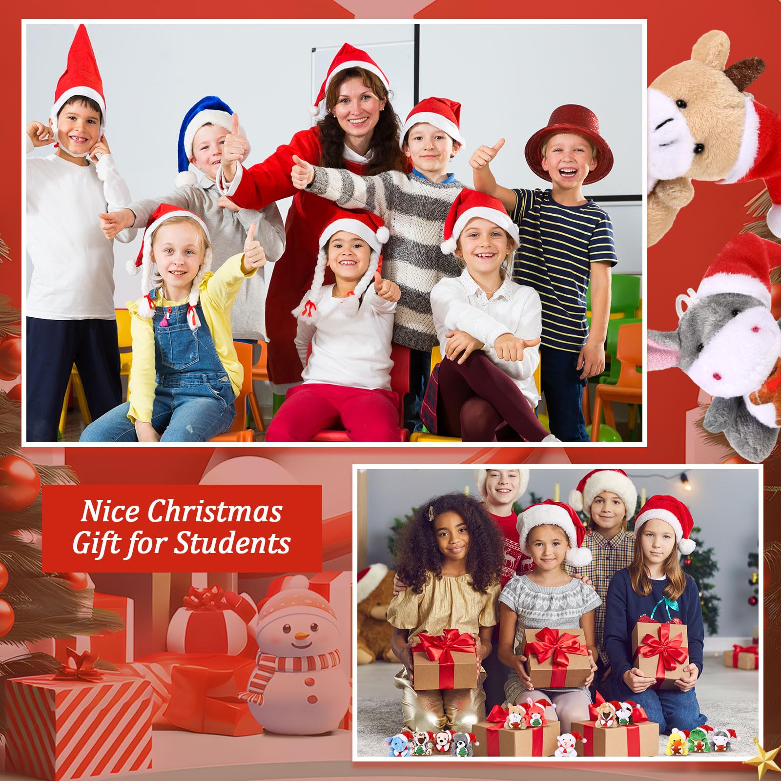 12 Mini Christmas Plush Keychains Set - Santa Hat Animals & Holiday Ornaments for Tree Decor, Party Favors, Stocking Stuffers