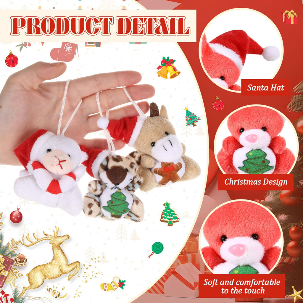 12 Mini Christmas Plush Keychains Set - Santa Hat Animals & Holiday Ornaments for Tree Decor, Party Favors, Stocking Stuffers