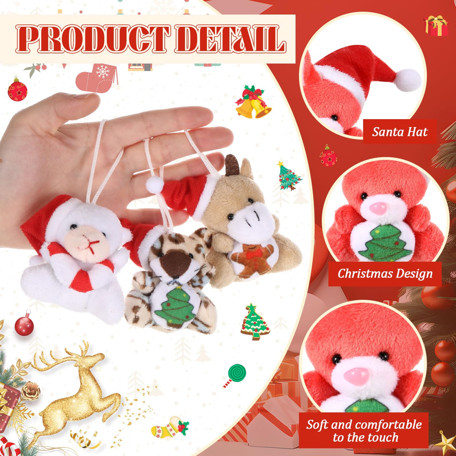 12 Mini Christmas Plush Keychains Set - Santa Hat Animals & Holiday Ornaments for Tree Decor, Party Favors, Stocking Stuffers