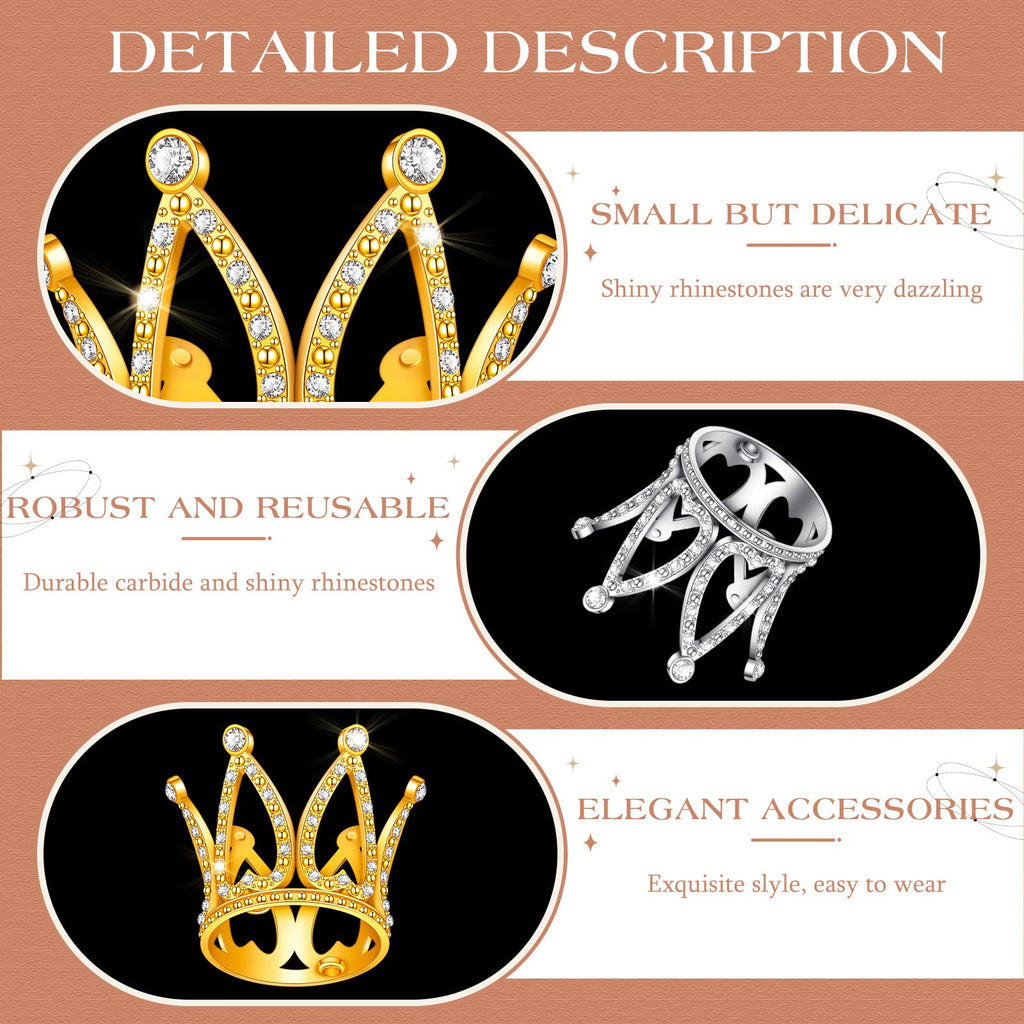 12 Mini Crown Cake Toppers – Gold & Silver Crystal Tiaras for Party Decor