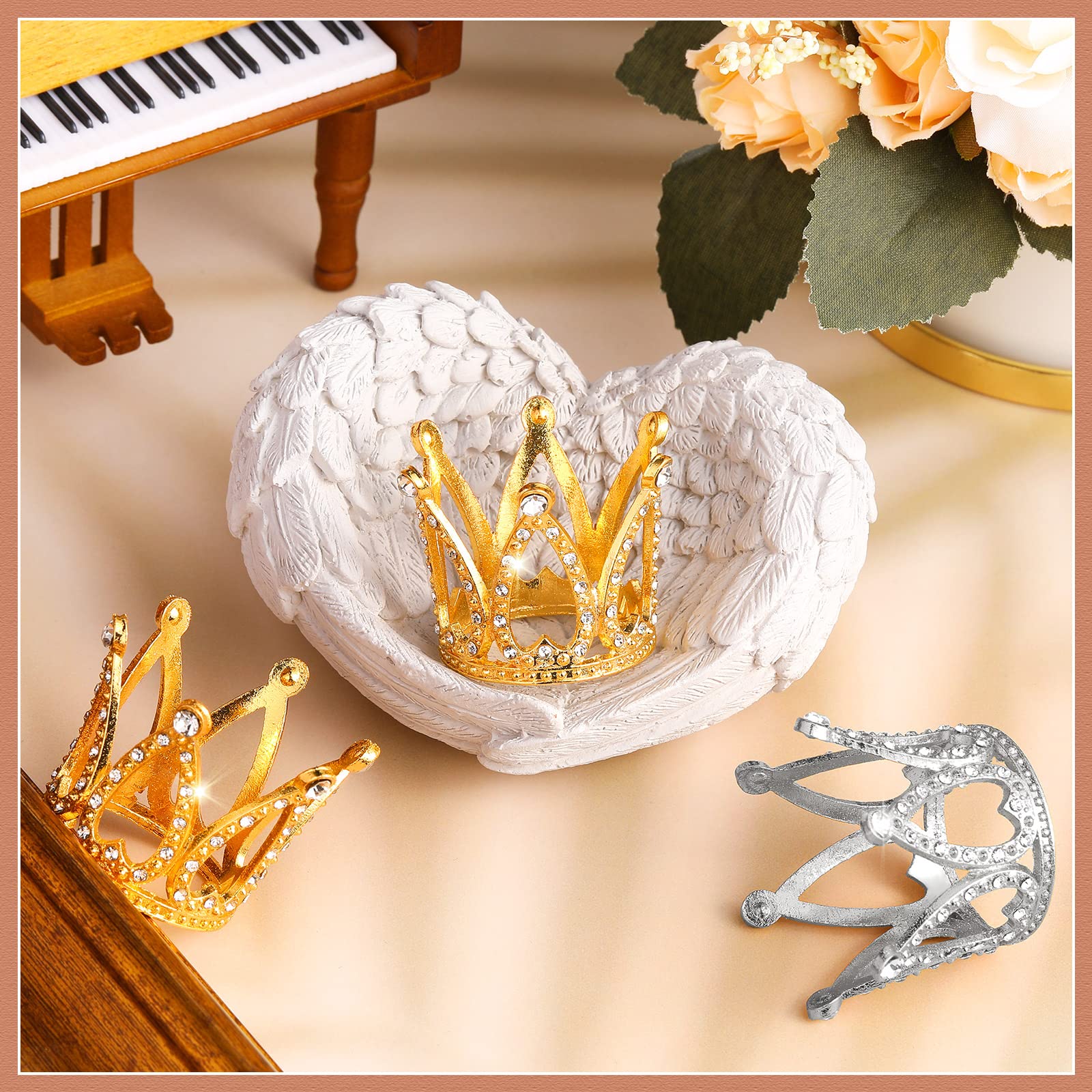 12 Mini Crown Cake Toppers – Gold & Silver Crystal Tiaras for Party Decor