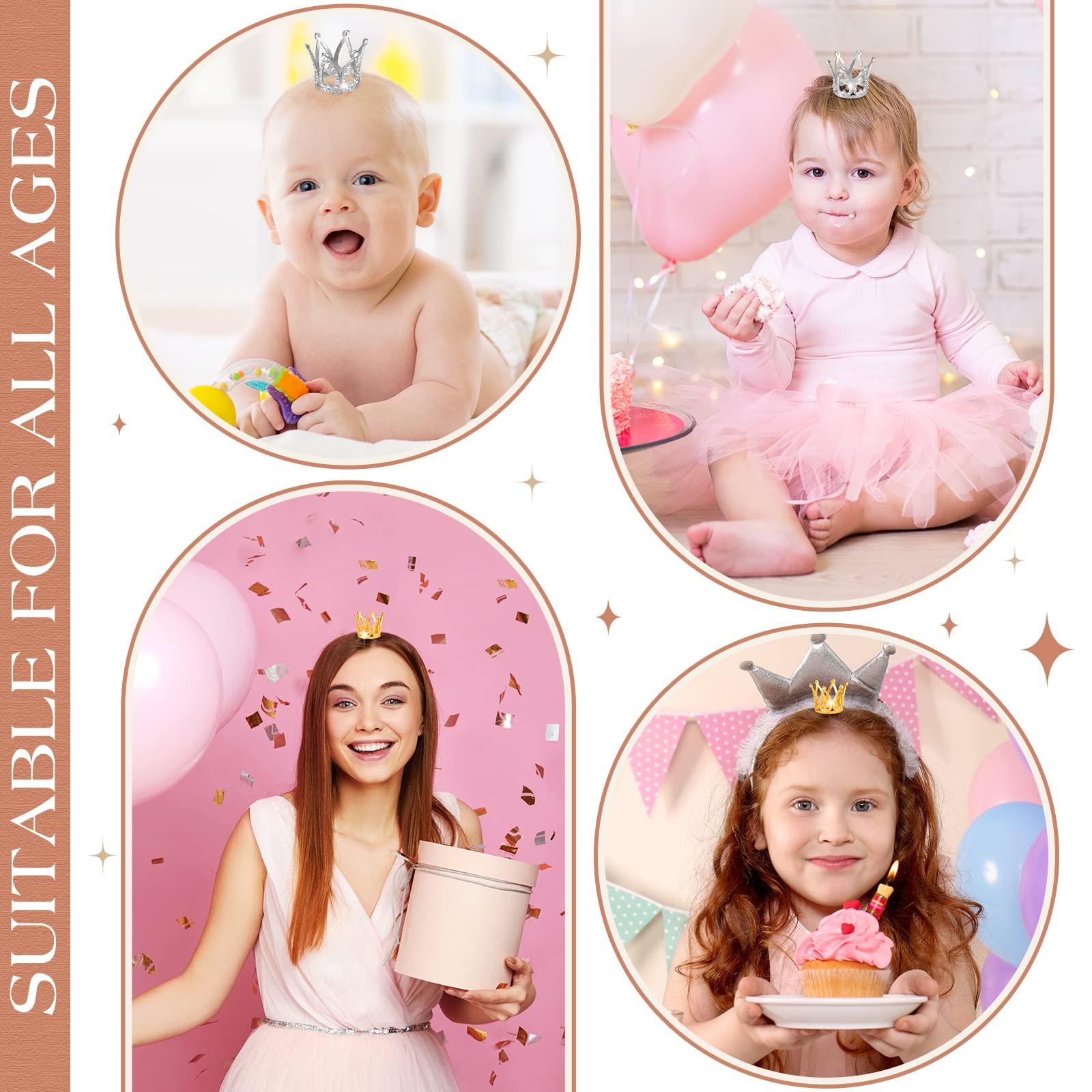 12 Mini Crown Cake Toppers – Gold & Silver Crystal Tiaras for Party Decor