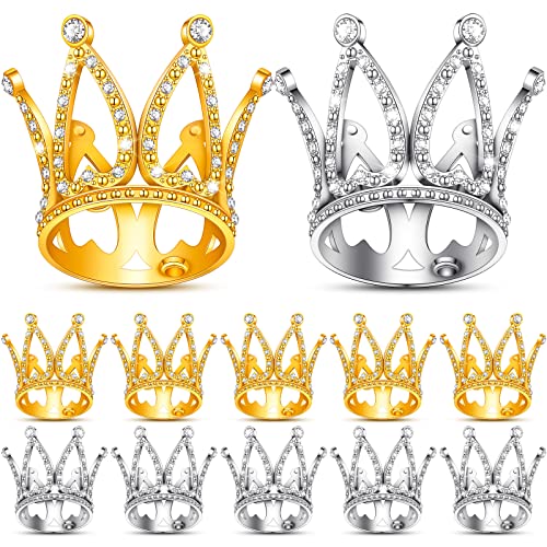 12 Mini Crown Cake Toppers – Gold & Silver Crystal Tiaras for Party Decor