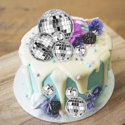 12 Mini Disco Ball Cake Toppers for 70s Themed Birthday Parties - 4 Sizes