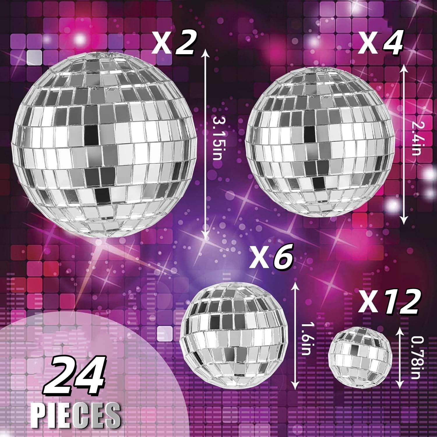 12 Mini Disco Ball Cake Toppers for 70s Themed Birthday Parties - 4 Sizes