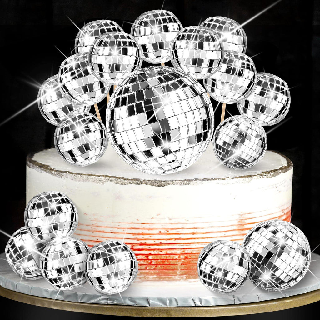 12 Mini Disco Ball Cake Toppers for 70s Themed Birthday Parties - 4 Sizes