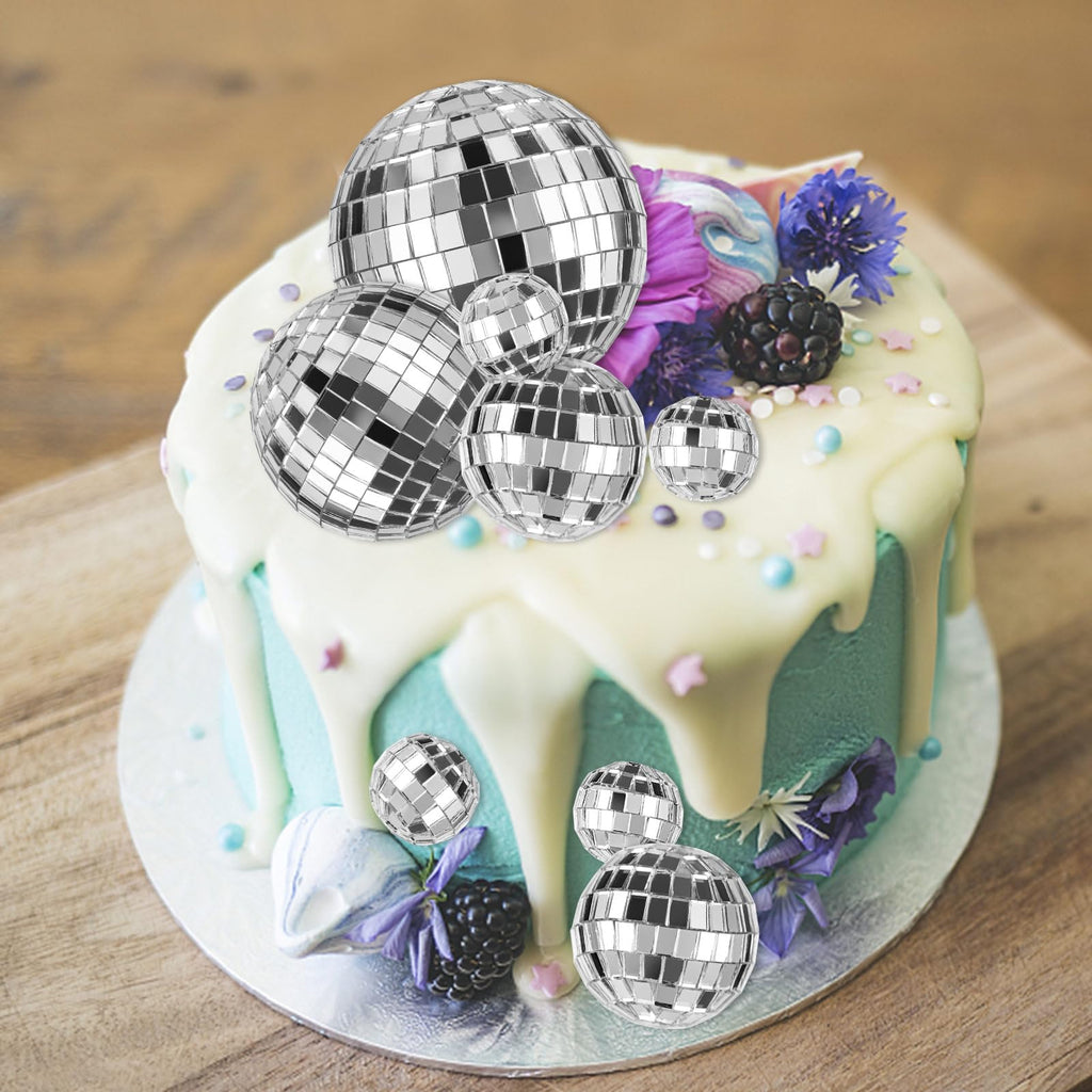 12 Mini Disco Ball Cake Toppers for 70s Themed Birthday Parties - 4 Sizes