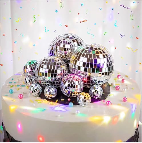 12 Mini Disco Ball Cake Toppers for 70s Themed Birthday Parties - 4 Sizes