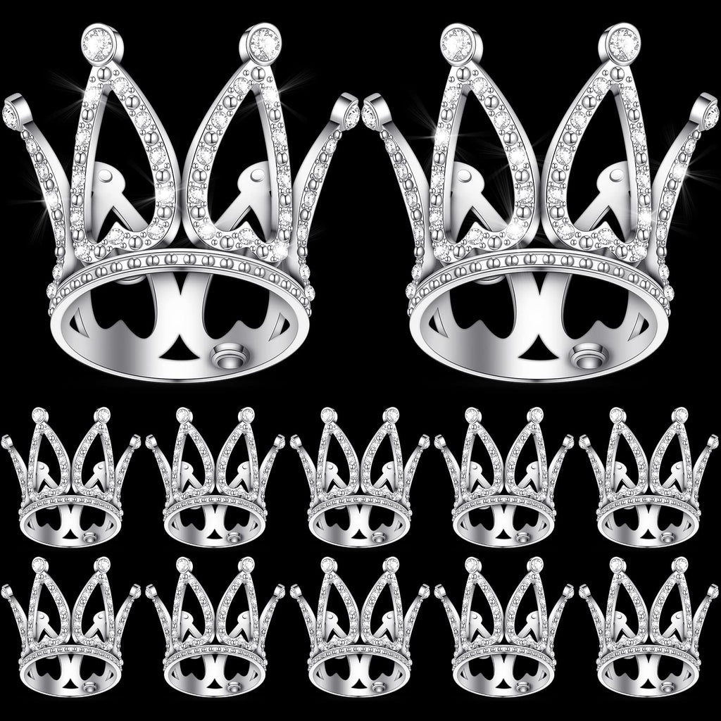 12 Mini Silver Crown Cake Toppers - Alloy Crystal Princess Headpiece for Wedding, Baby Shower, Birthday