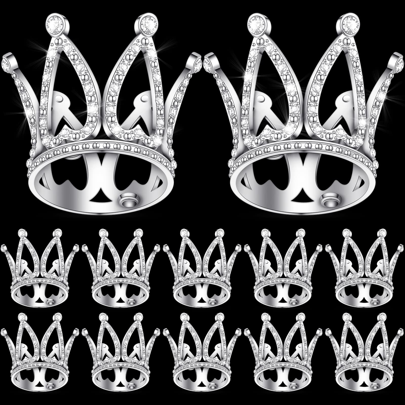 12 Mini Silver Crown Cake Toppers - Alloy Crystal Princess Headpiece for Wedding, Baby Shower, Birthday