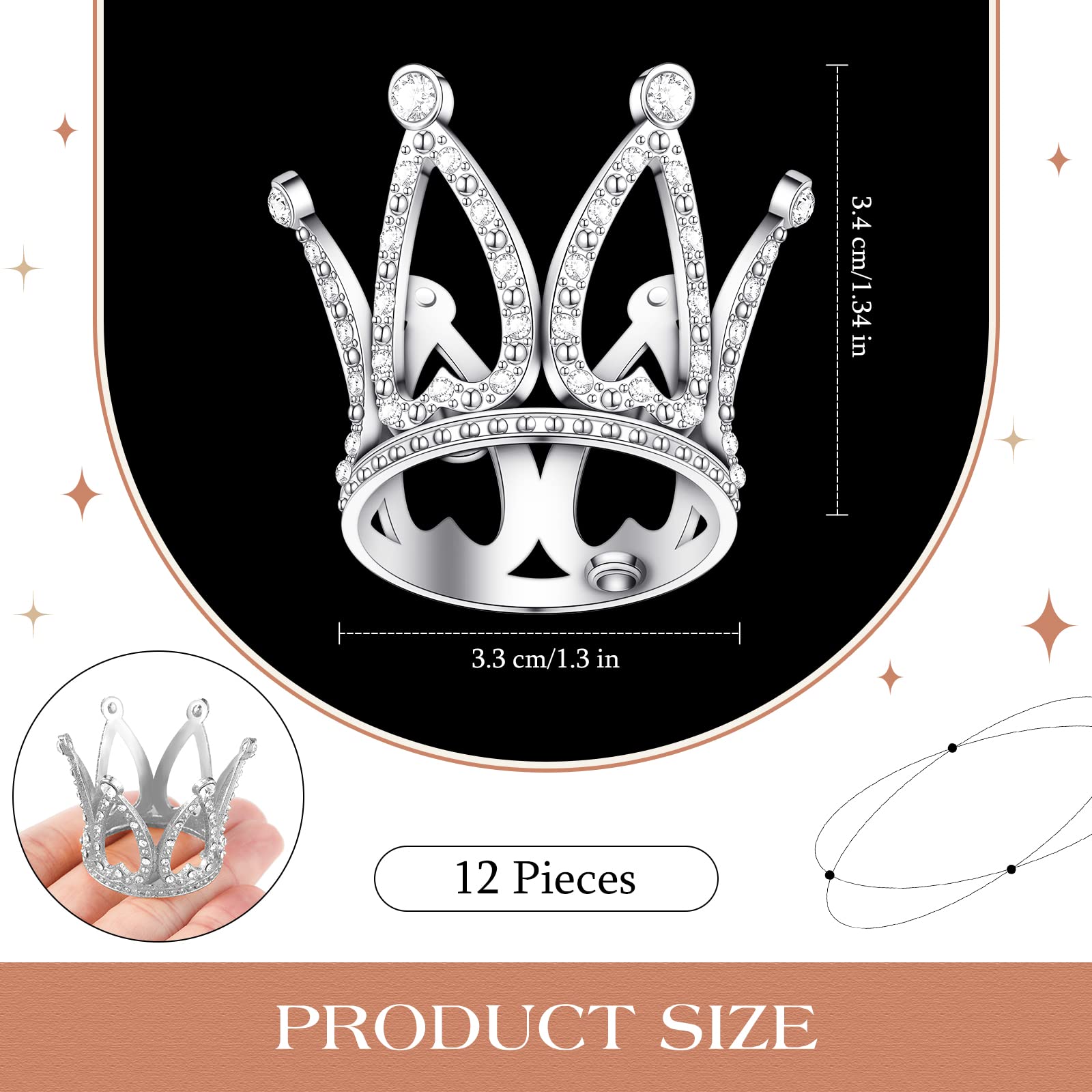 12 Mini Silver Crown Cake Toppers - Alloy Crystal Princess Headpiece for Wedding, Baby Shower, Birthday