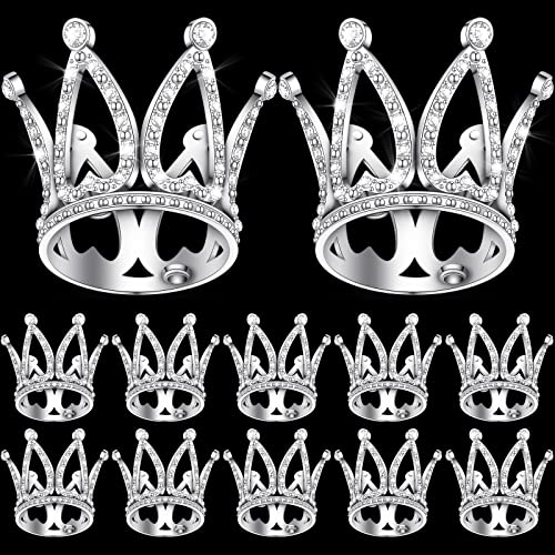 12 Mini Silver Crown Cake Toppers - Alloy Crystal Princess Headpiece for Wedding, Baby Shower, Birthday