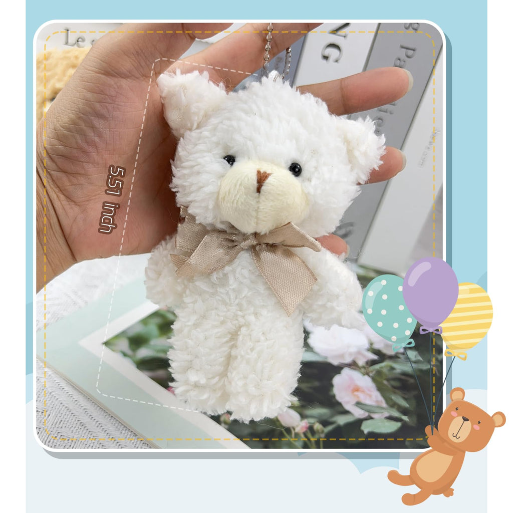 12 Mini Stuffed Teddy Bears with Keychains – 4.7 Inch Plush Bears in White, Brown, Grey for Party Favors and DIY Crafts