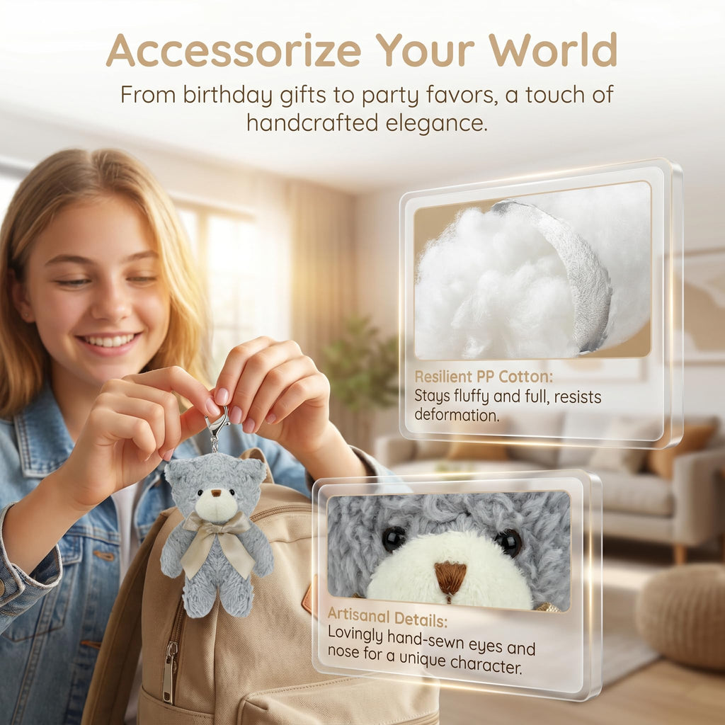 12 Mini Stuffed Teddy Bears with Keychains – 4.7 Inch Plush Bears in White, Brown, Grey for Party Favors and DIY Crafts