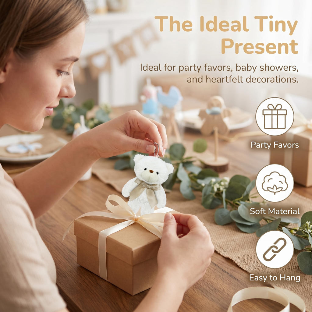 12 Mini Stuffed Teddy Bears with Keychains – 4.7 Inch Plush Bears in White, Brown, Grey for Party Favors and DIY Crafts